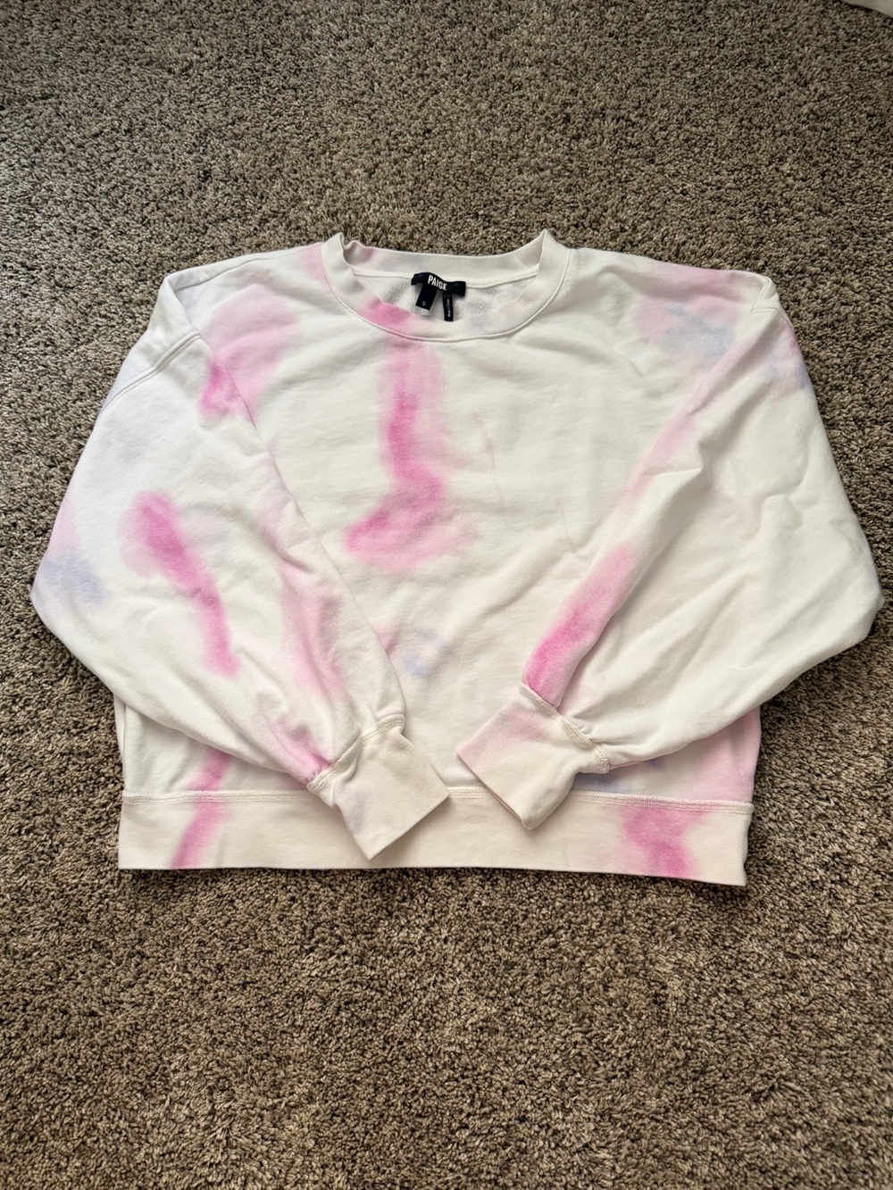 PAIGE White Crewneck Sweatshirt with Pink Tie-Dye Accents